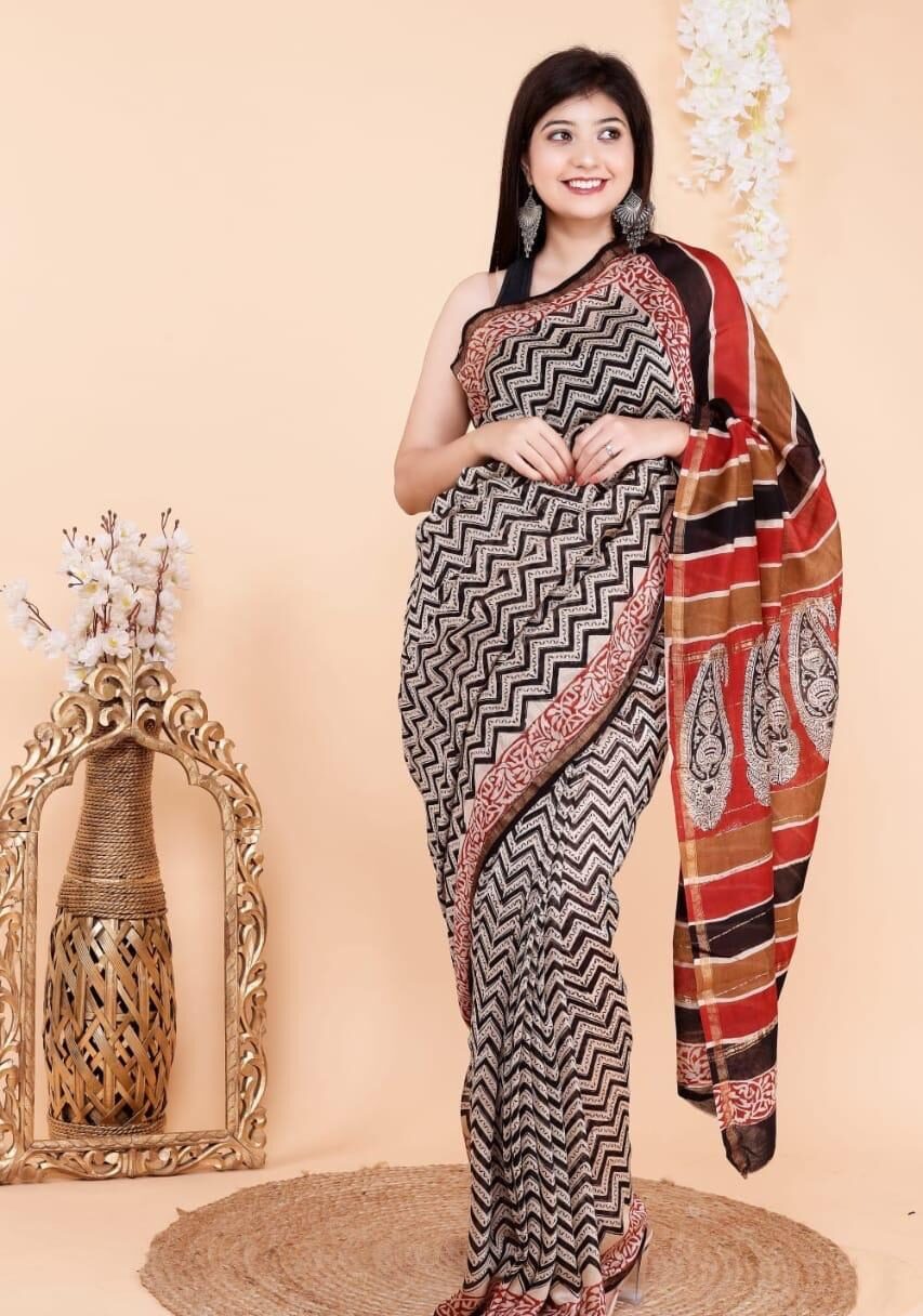 Handblock Chanderi Silk Cotton Sarees image 0