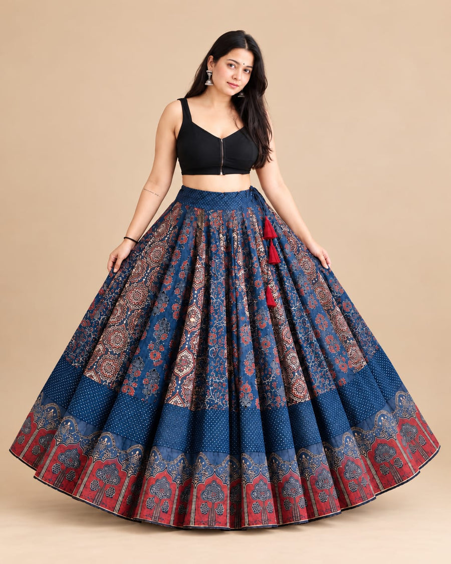 Ajrakh Blue Multi Patch Skirt