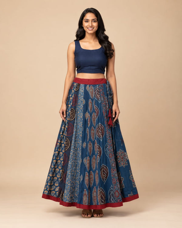 Ajrakh Blue Multi Patch Skirt