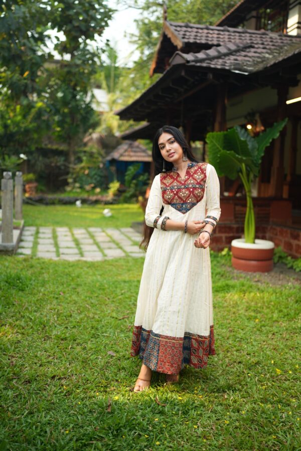 WHITE KASAVU-LINE ANARKALI WITH AJRAKH PATCHWORK