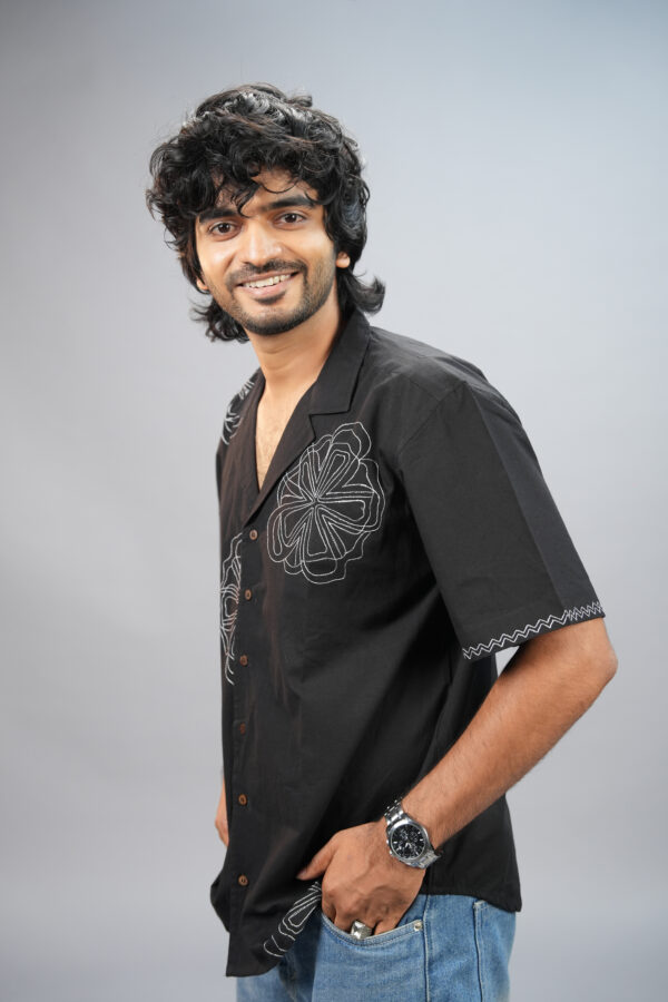 WHITE FLORAL EMBROIDERED BLACK COTTON SHIRT - Image 2