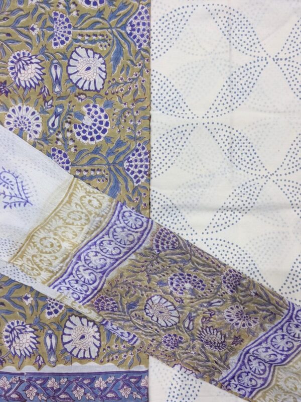 UNSTITCHED HANDBLOCKED MUL COTTON SUIT SET (WITH KOTA DORIYA DUPATTA)