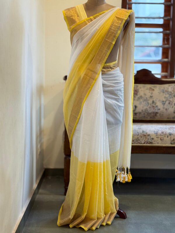 Handwoven Mul Cotton Saree in White and Sunshine Yellow with Kasavu Border