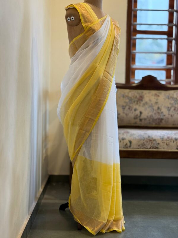 Handwoven Mul Cotton Saree in White and Sunshine Yellow with Kasavu Border