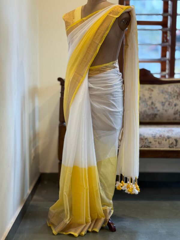 Handwoven Mul Cotton Saree in White and Sunshine Yellow with Kasavu Border