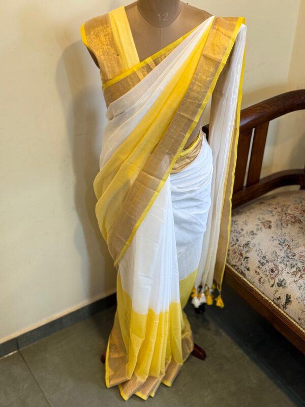 Handwoven Mul Cotton Saree in White and Sunshine Yellow with Kasavu Border