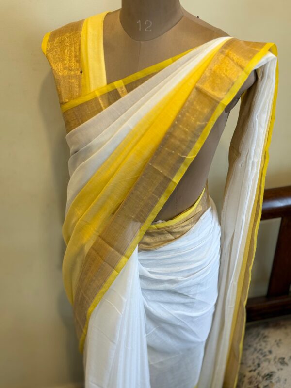 Handwoven Mul Cotton Saree in White and Sunshine Yellow with Kasavu Border