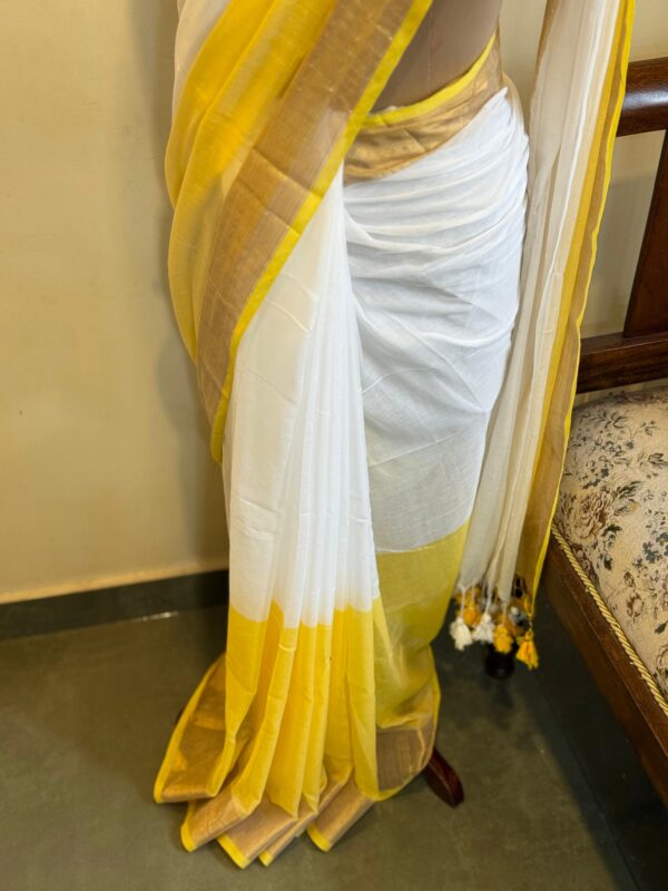 Handwoven Mul Cotton Saree in White and Sunshine Yellow with Kasavu Border