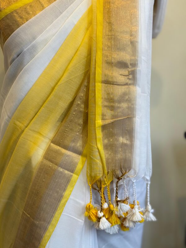 Handwoven Mul Cotton Saree in White and Sunshine Yellow with Kasavu Border