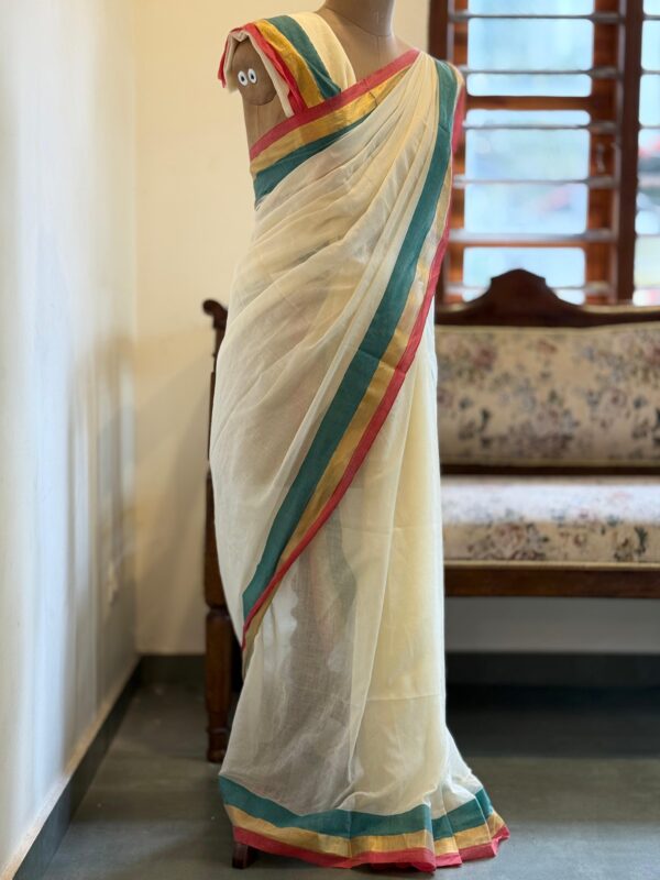 HANDWOVEN WHITE MUL COTTON SAREE WITH TEAL, RED & KASAVU BORDERS