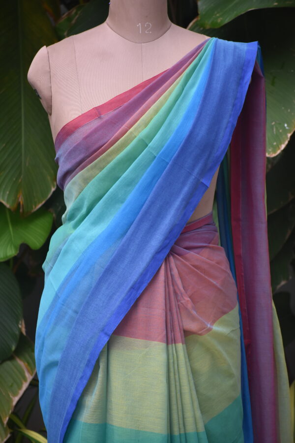 HANDWOVEN COTTON RAINBOW STRIPES SAREE