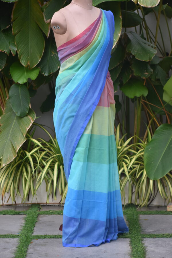 HANDWOVEN COTTON RAINBOW STRIPES SAREE