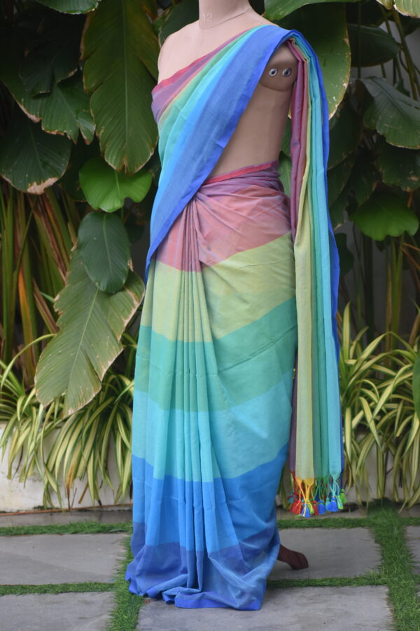 HANDWOVEN COTTON RAINBOW STRIPES SAREE