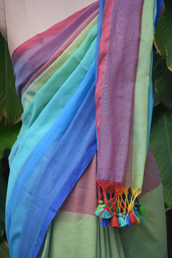 HANDWOVEN COTTON RAINBOW STRIPES SAREE