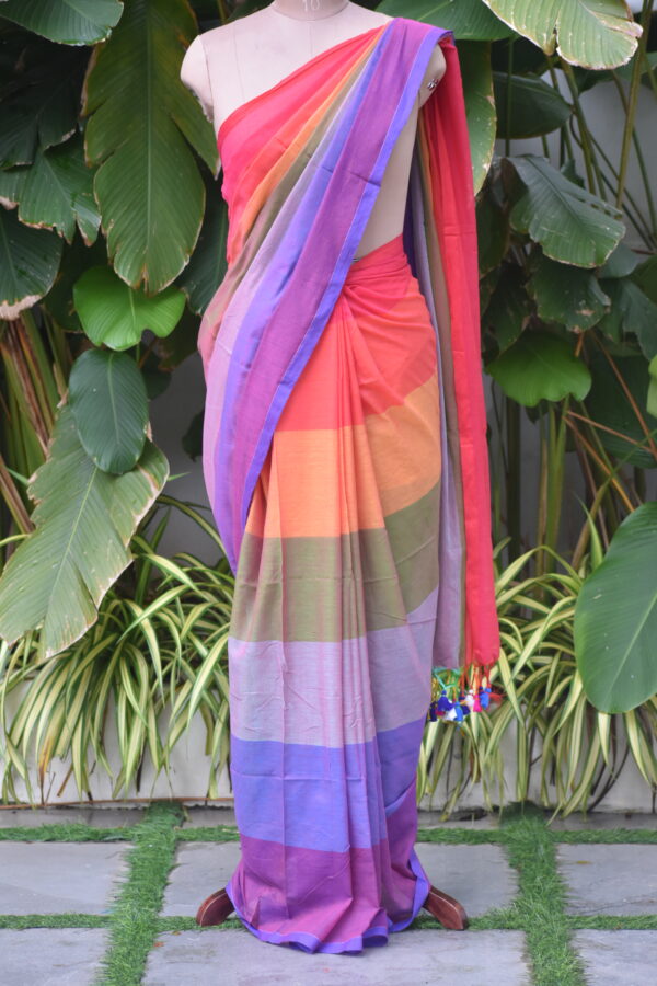 HANDWOVEN COTTON RAINBOW STRIPES SAREE