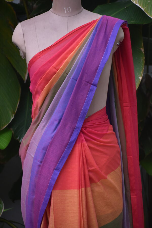 HANDWOVEN COTTON RAINBOW STRIPES SAREE