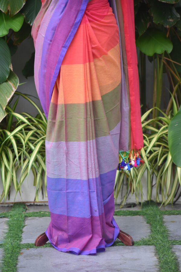 HANDWOVEN COTTON RAINBOW STRIPES SAREE