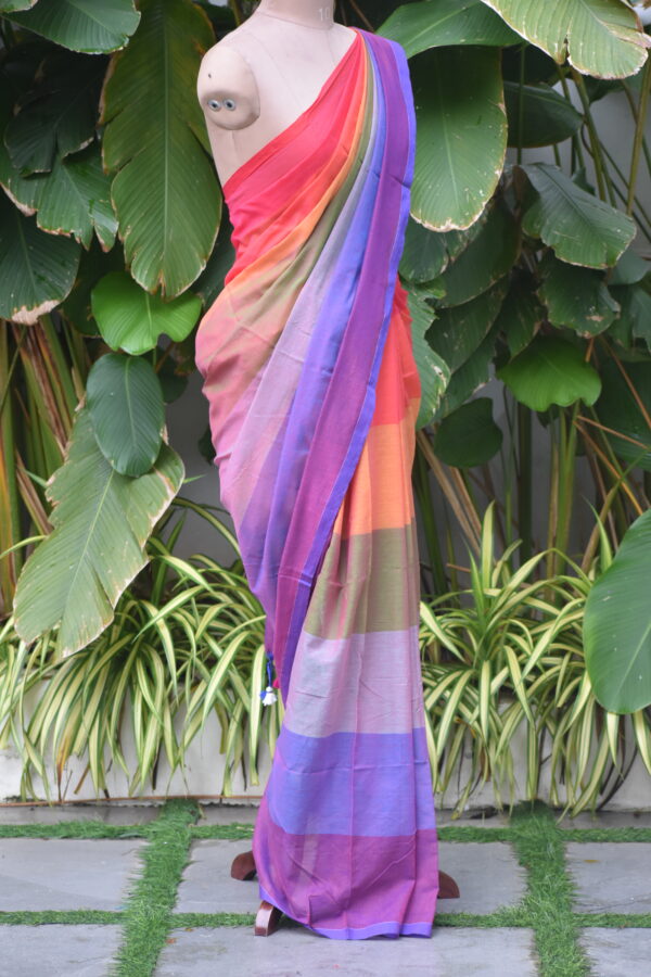 HANDWOVEN COTTON RAINBOW STRIPES SAREE