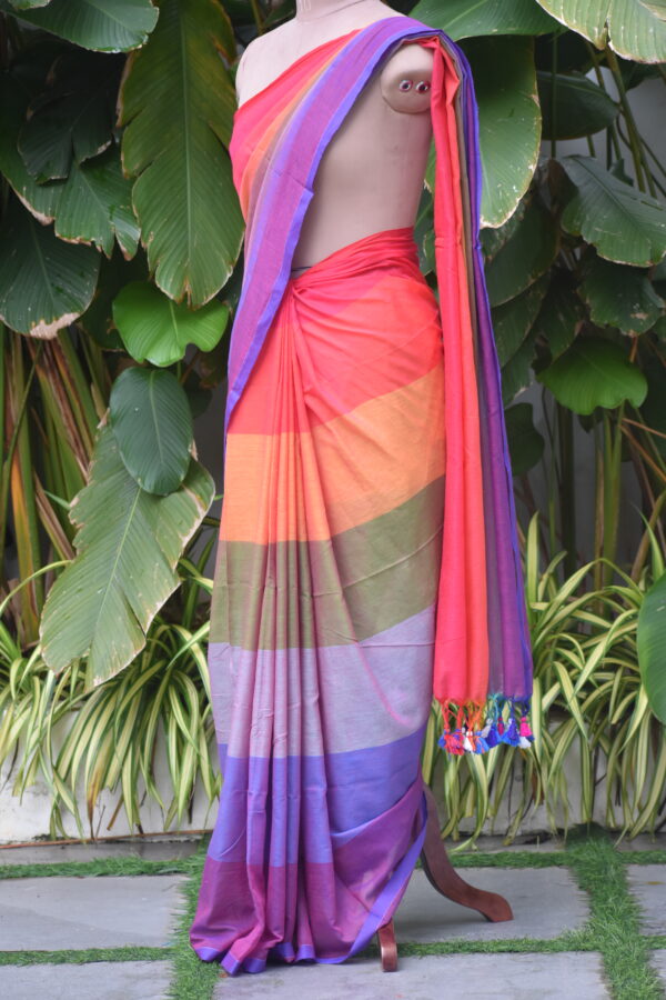 HANDWOVEN COTTON RAINBOW STRIPES SAREE