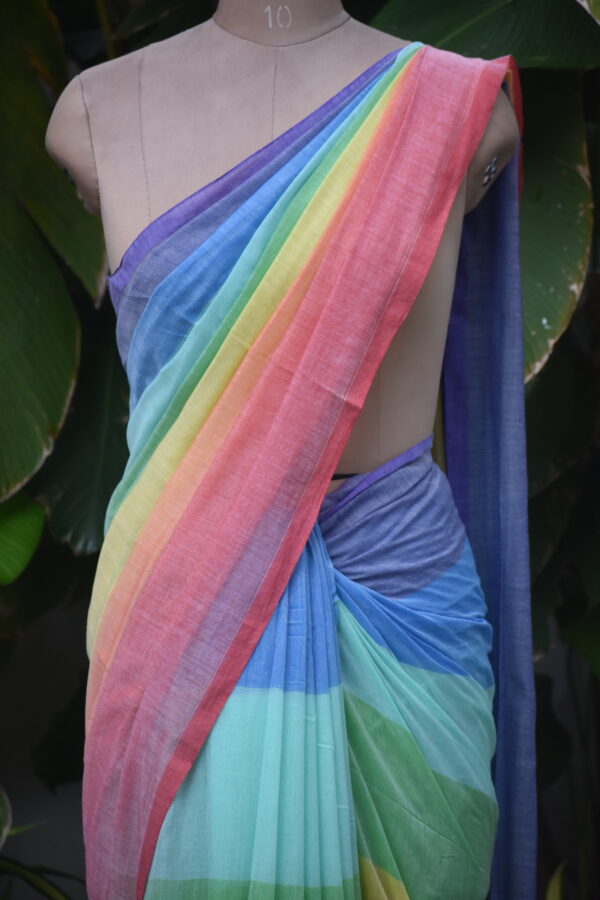 HANDWOVEN COTTON RAINBOW STRIPES SAREE