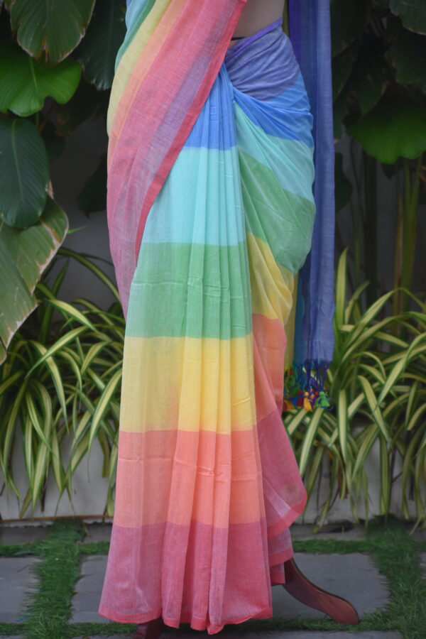 HANDWOVEN COTTON RAINBOW STRIPES SAREE