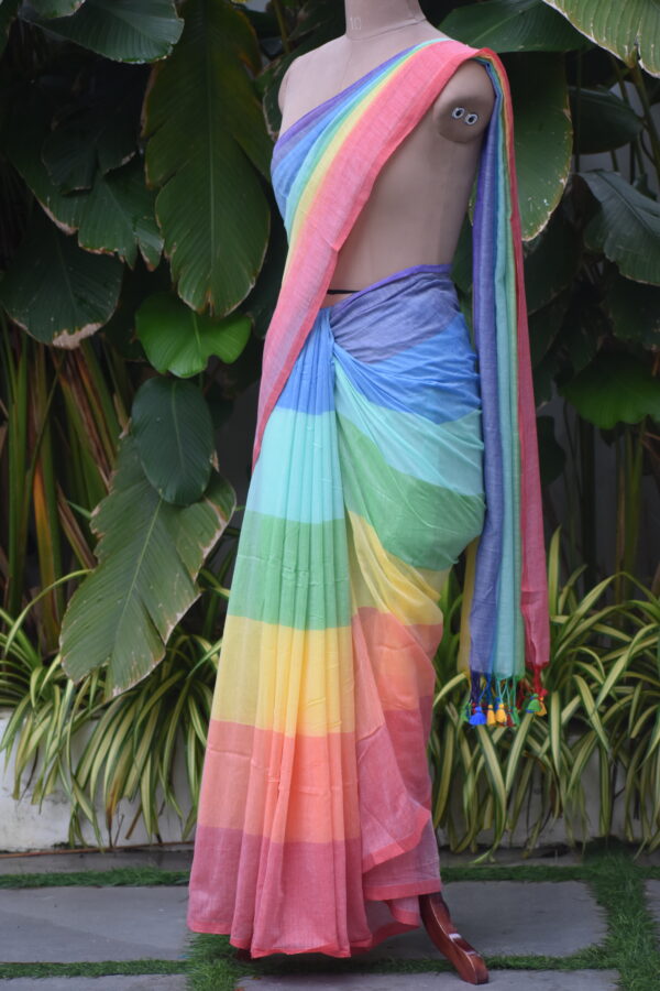 HANDWOVEN COTTON RAINBOW STRIPES SAREE