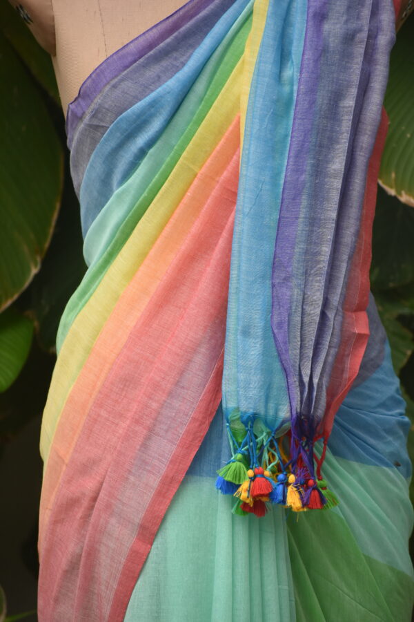HANDWOVEN COTTON RAINBOW STRIPES SAREE