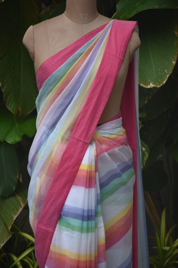 HANDWOVEN COTTON RAINBOW STRIPES SAREE