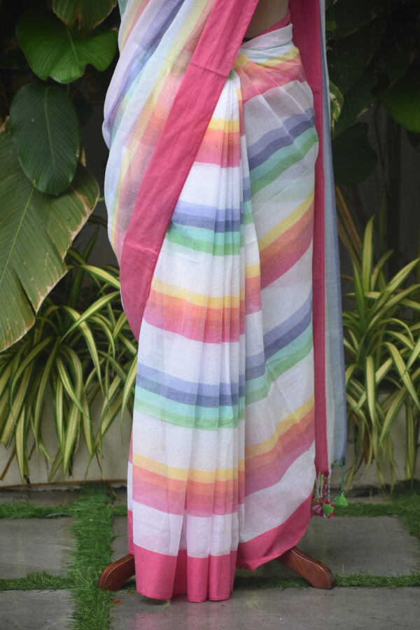 HANDWOVEN COTTON RAINBOW STRIPES SAREE