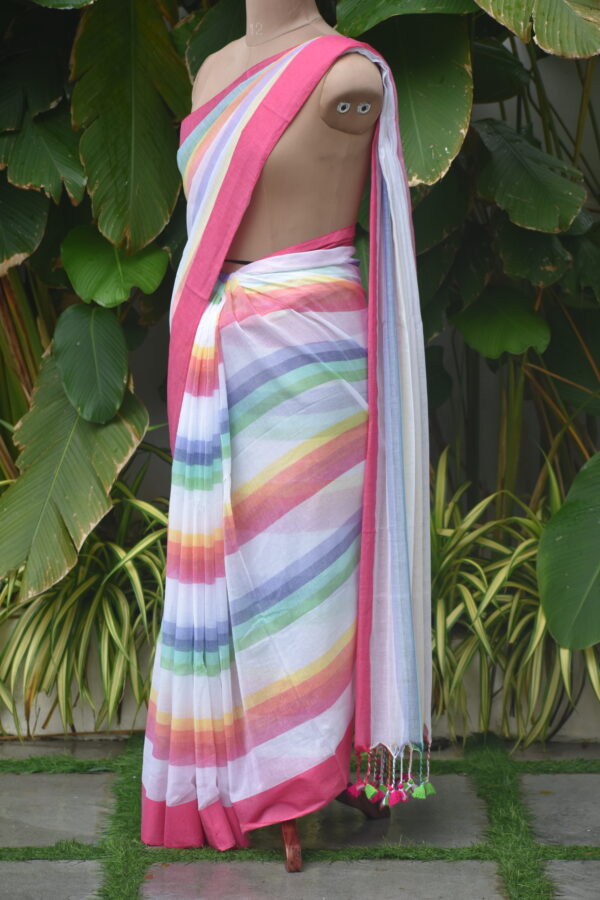 HANDWOVEN COTTON RAINBOW STRIPES SAREE