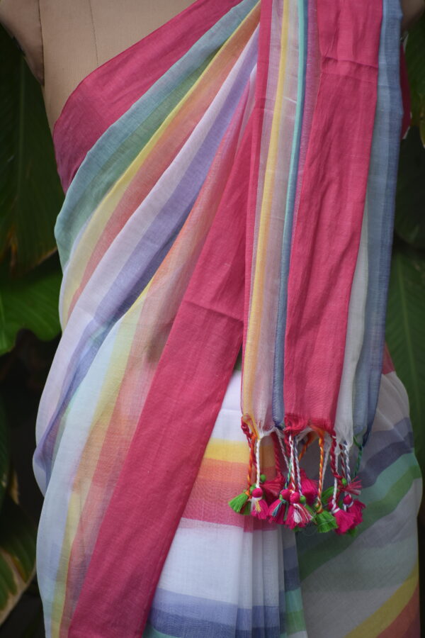 HANDWOVEN COTTON RAINBOW STRIPES SAREE