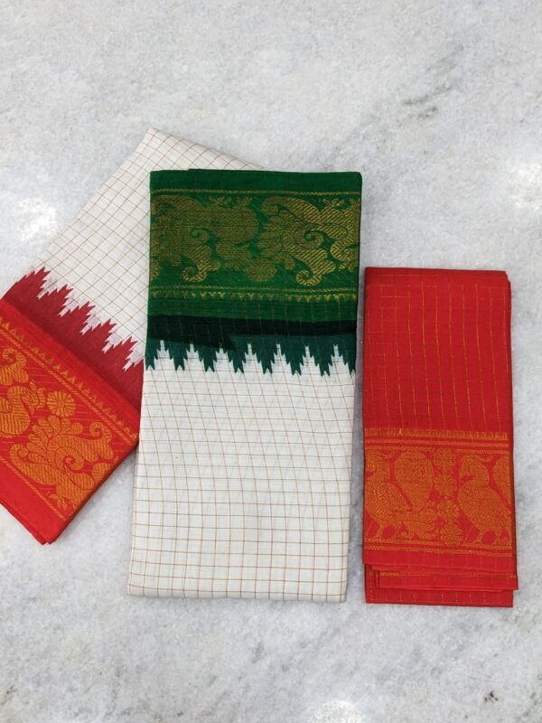 MADURAI SUNGIDI GANGA YAMUNA BORDER COTTON SAREE – DUAL BORDER CHECK PATTERN (RED & GREEN COLOUR WITH CHECKED BLOUSE)