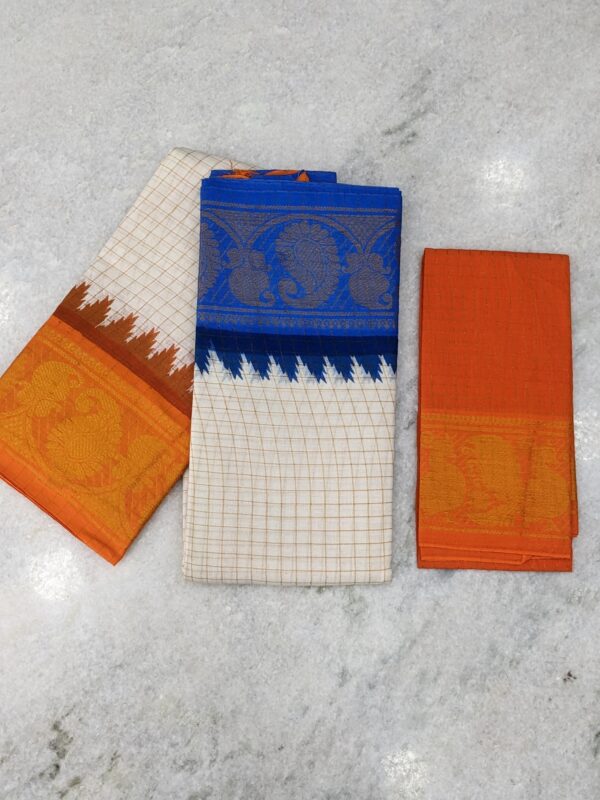 MADURAI SUNGIDI GANGA YAMUNA BORDER COTTON SAREE – DUAL BORDER CHECK PATTERN (CHECKED BLOUSE)