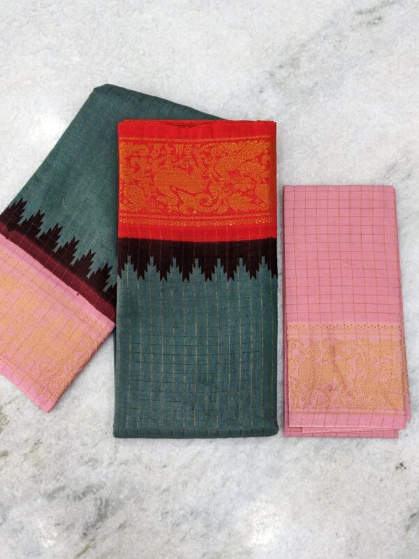 MADURAI SUNGIDI GANGA YAMUNA BORDER COTTON SAREE – DUAL BORDER CHECK PATTERN (CHECKED BLOUSE)