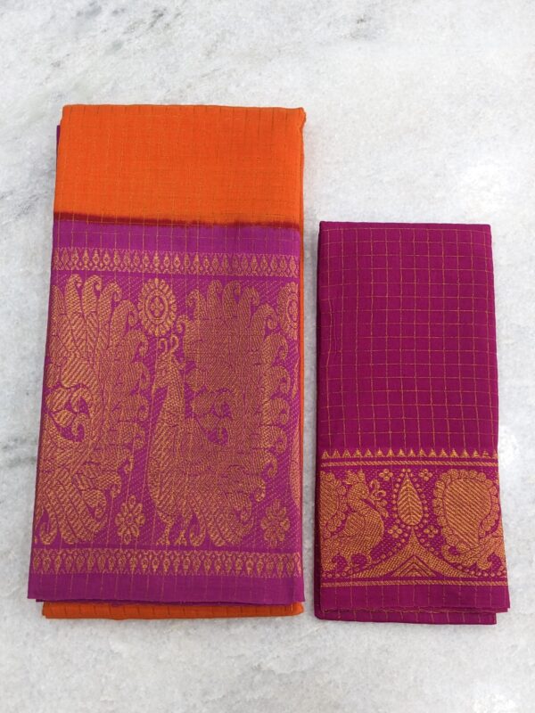 MADURAI SUNGIDI CHECKED COTTON SAREE – (CHECKED BLOUSE)