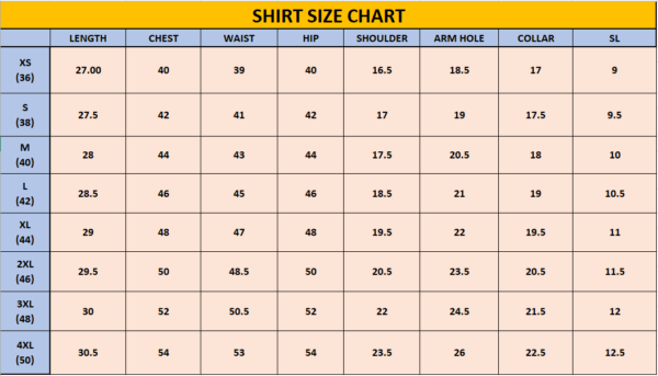 MENS SHIRT SIZE CHART