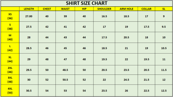 MENS SHIRT SIZE CHART