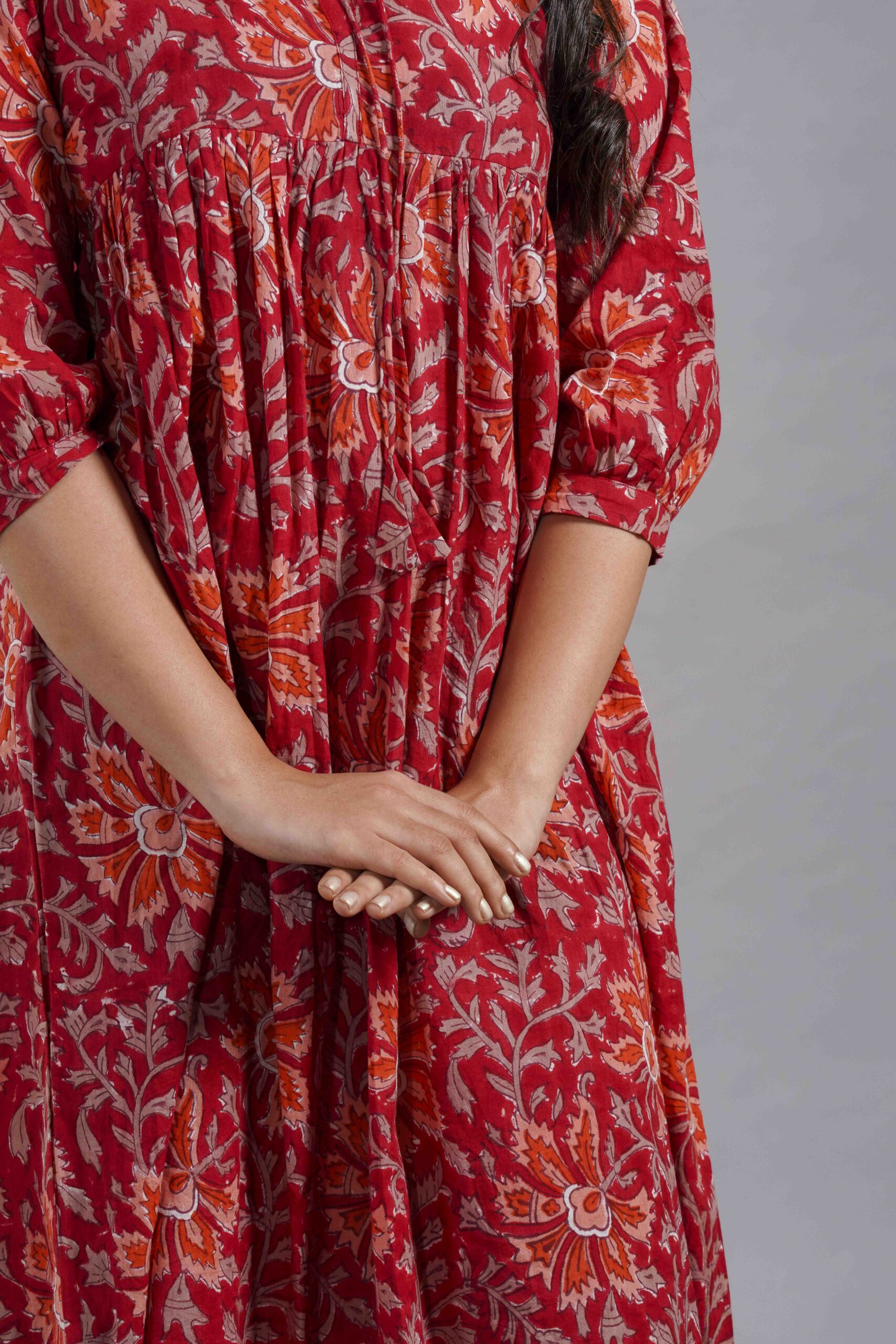 Red Floral Sanganeri Cotton Midi Dress - Image 4