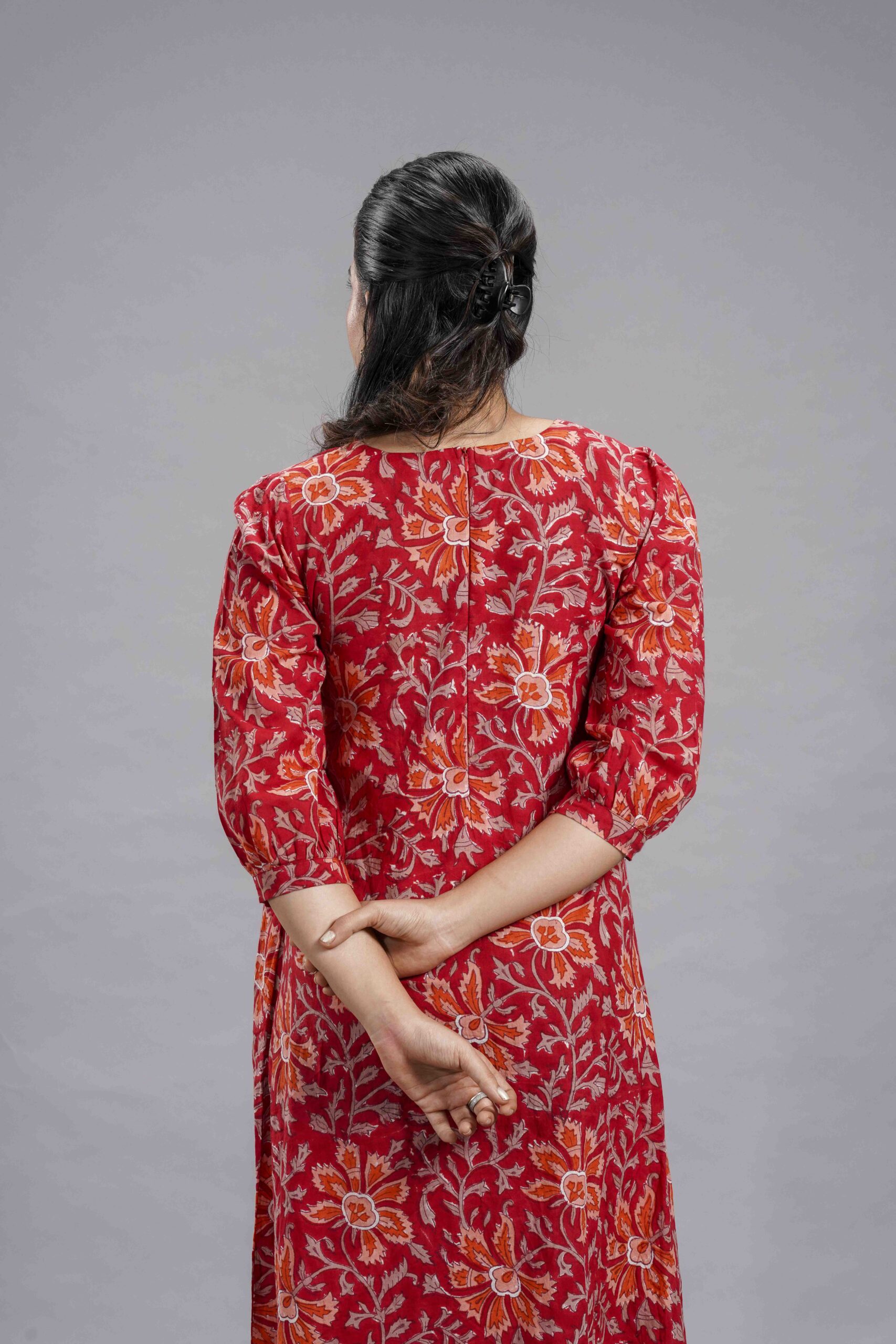 Red Floral Sanganeri Cotton Midi Dress - Image 5