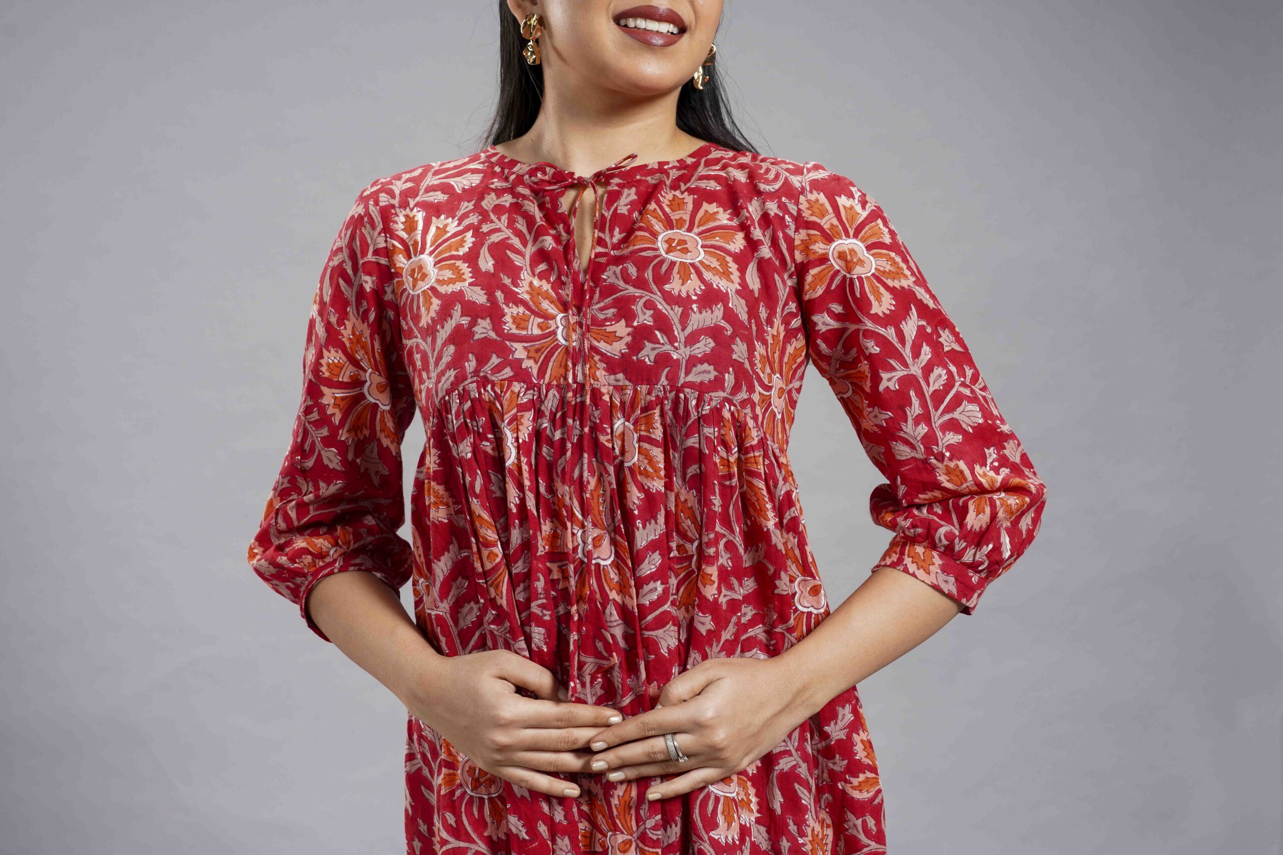 Red Floral Sanganeri Cotton Midi Dress - Image 2