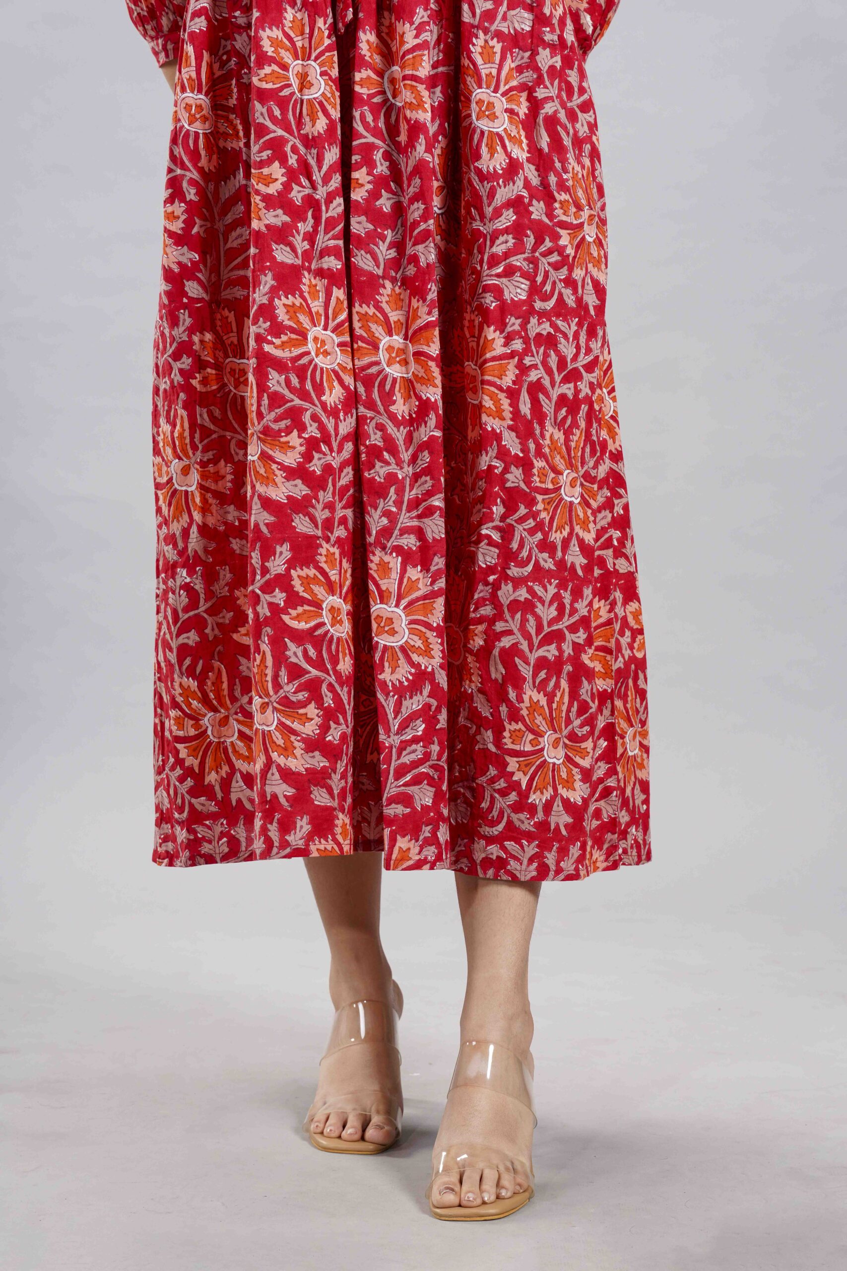 Red Floral Sanganeri Cotton Midi Dress - Image 6